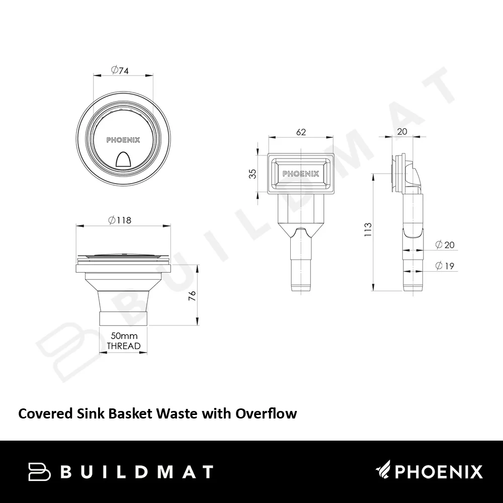 Phoenix Covered Sink Basket Waste with Overflow Matte Black - Image 5