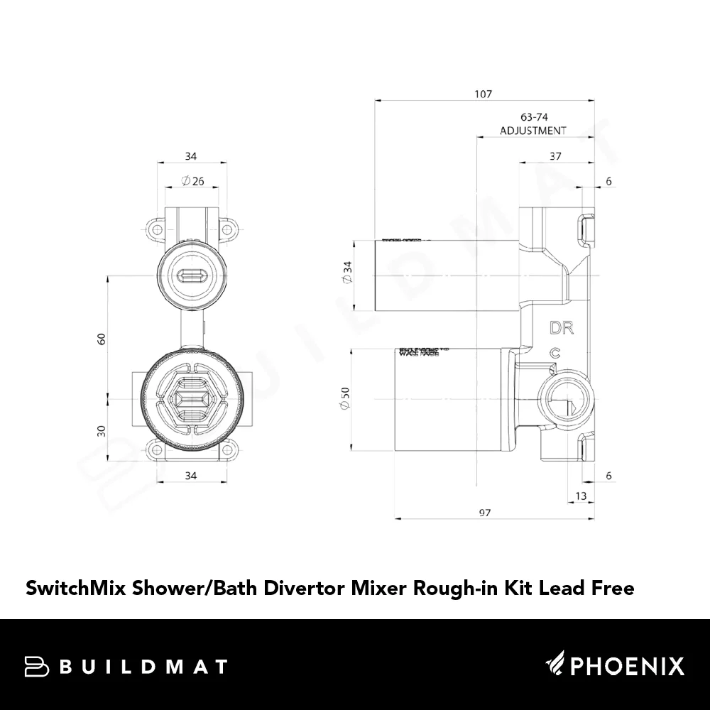 Phoenix SwitchMix Shower/Bath Divertor Mixer (Rough-in Kit) Lead Free - Image 4