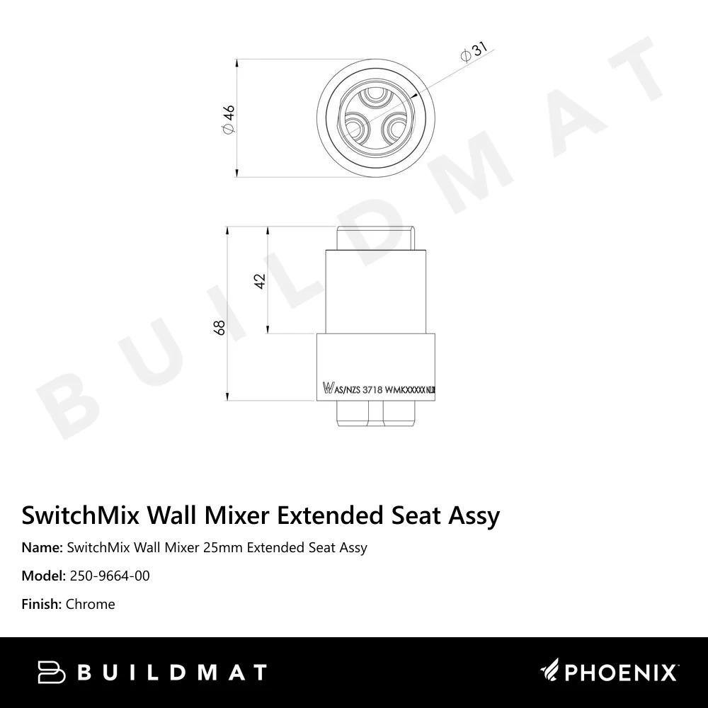 Phoenix SwitchMix Wall Mixer 25mm Extended Seat Assy Chrome - Image 4