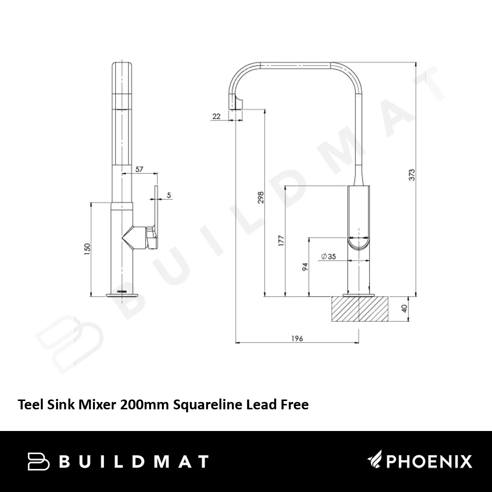 Phoenix Teel Sink Mixer 200mm Squareline Lead Free Matte Black - Image 4