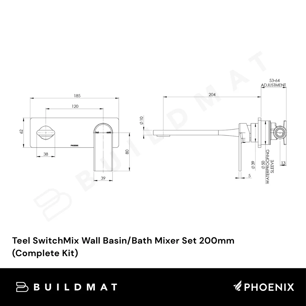 Phoenix Teel SwitchMix Wall Basin/Bath Mixer Set 200mm (Complete Kit) Brushed Carbon Lead Free - Image 4