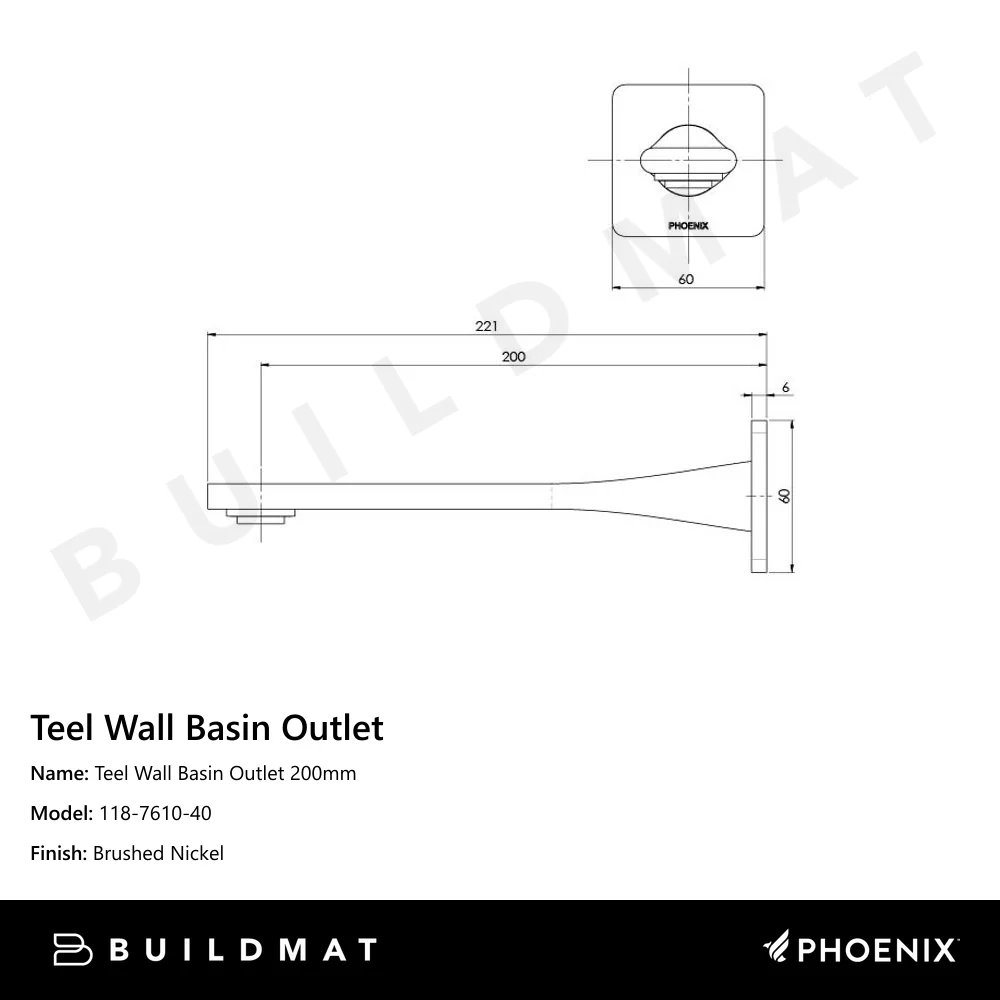Phoenix Teel Wall Basin Outlet 200mm Brushed Nickel - Image 4