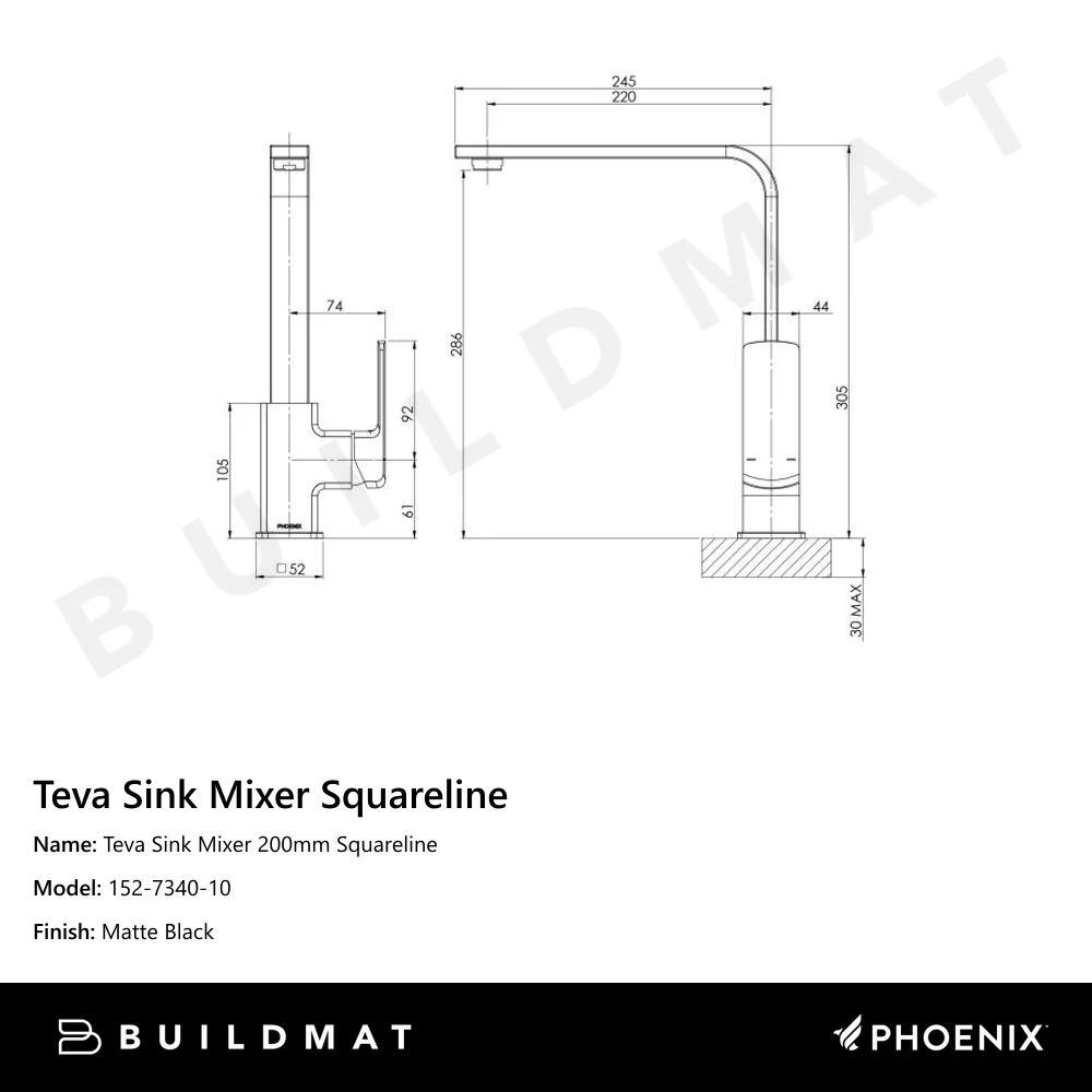 Phoenix Teva Sink Mixer 200mm Squareline Matte Black - Image 4