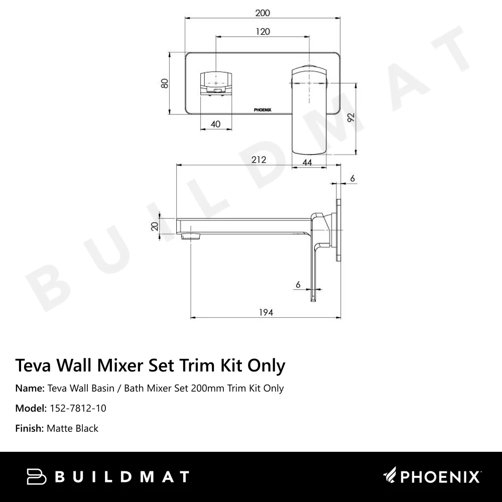 Phoenix Teva Wall Basin / Bath Mixer Set 200mm (Trim Kit Only) Matte Black - Image 4