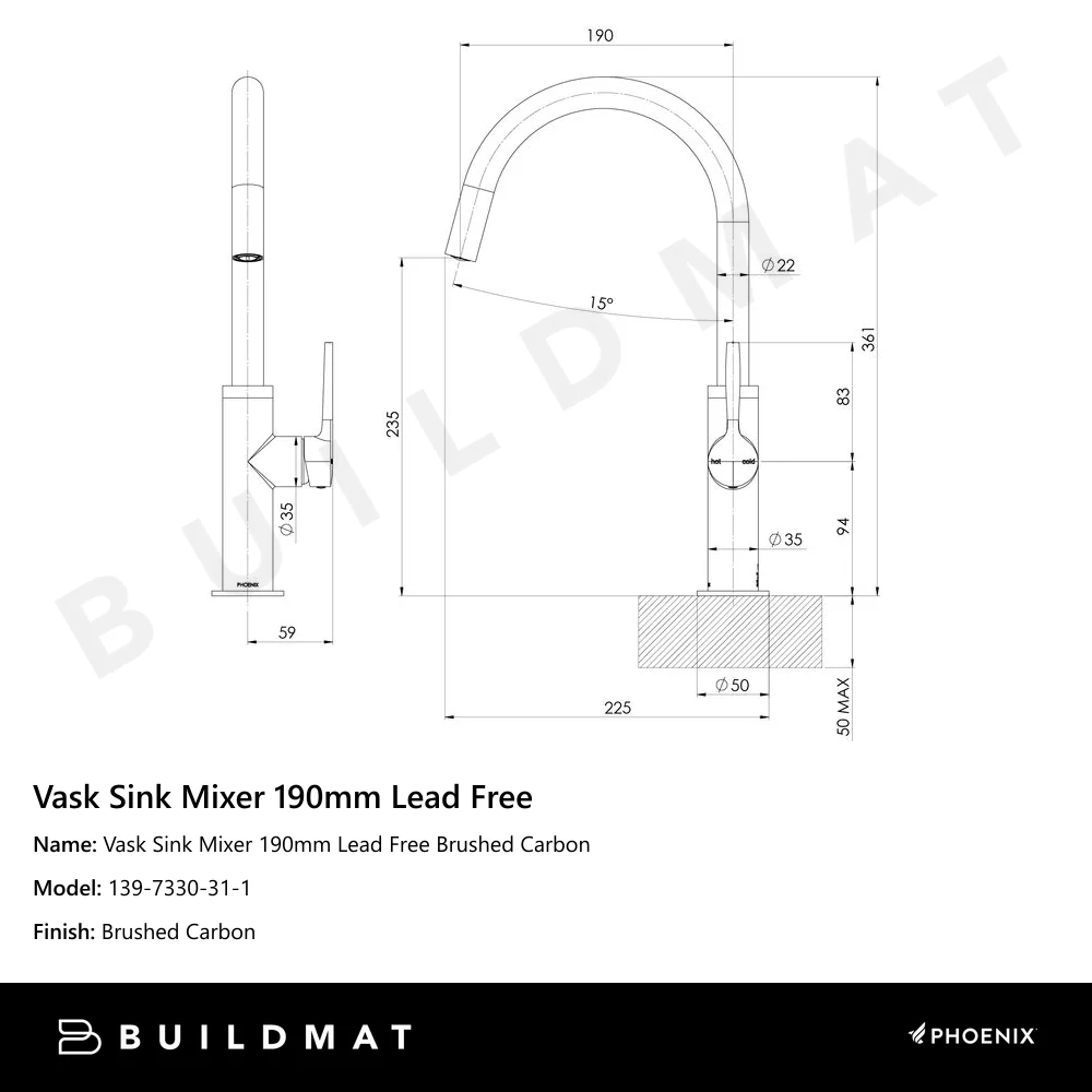 Phoenix Vask Sink Mixer 190mm Brushed Carbon Lead Free - Image 4