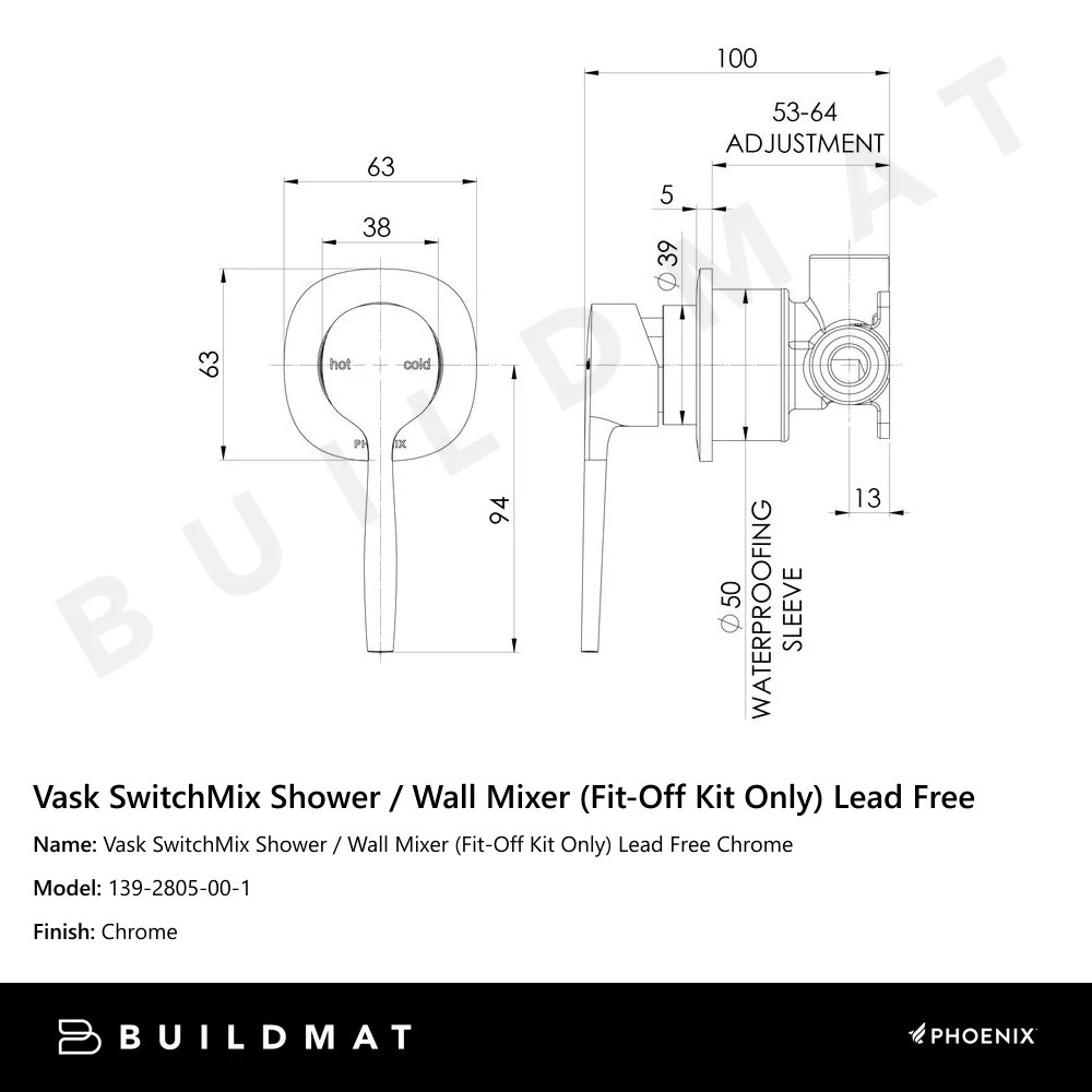 Phoenix Vask SwitchMix Shower/Wall Mixer (Fit-Off Kit) Lead Free Chrome - Image 4