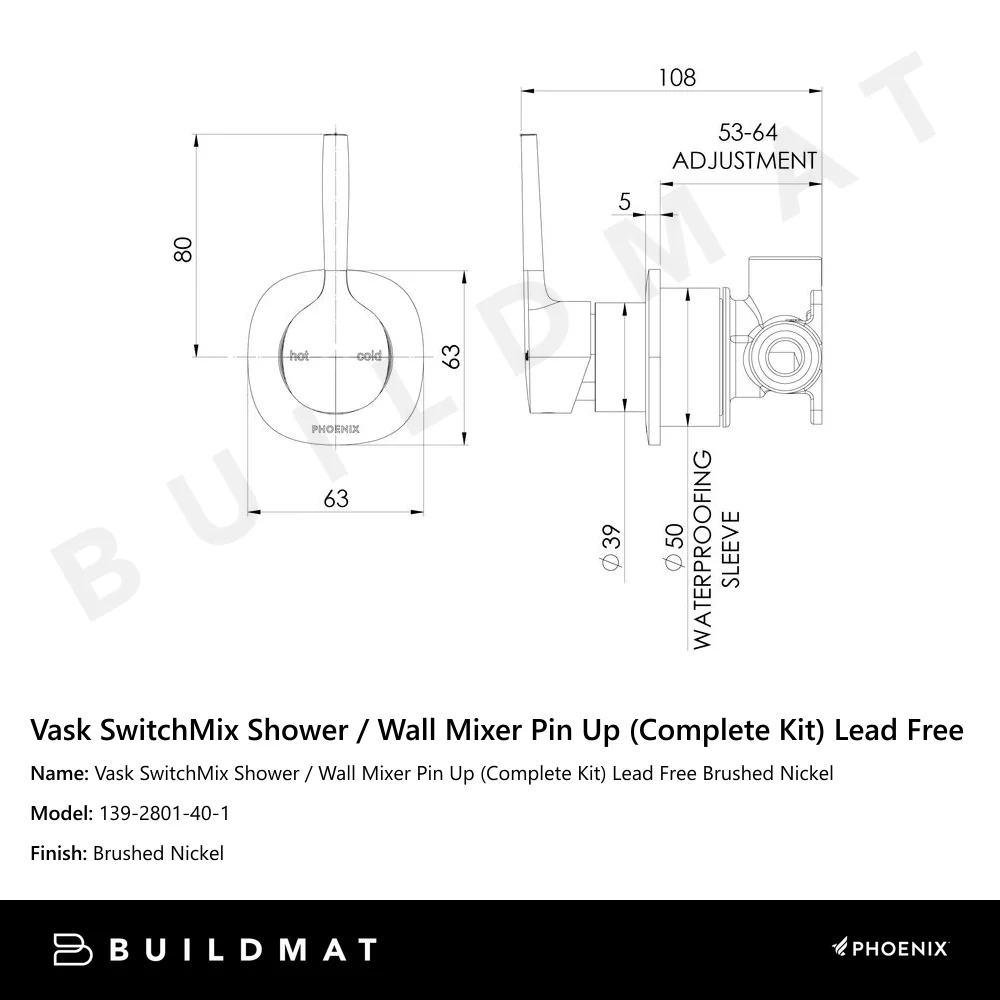 Phoenix Vask SwitchMix Shower/Wall Mixer Pin Up (Complete Kit) Lead Free Brushed Nickel - Image 4