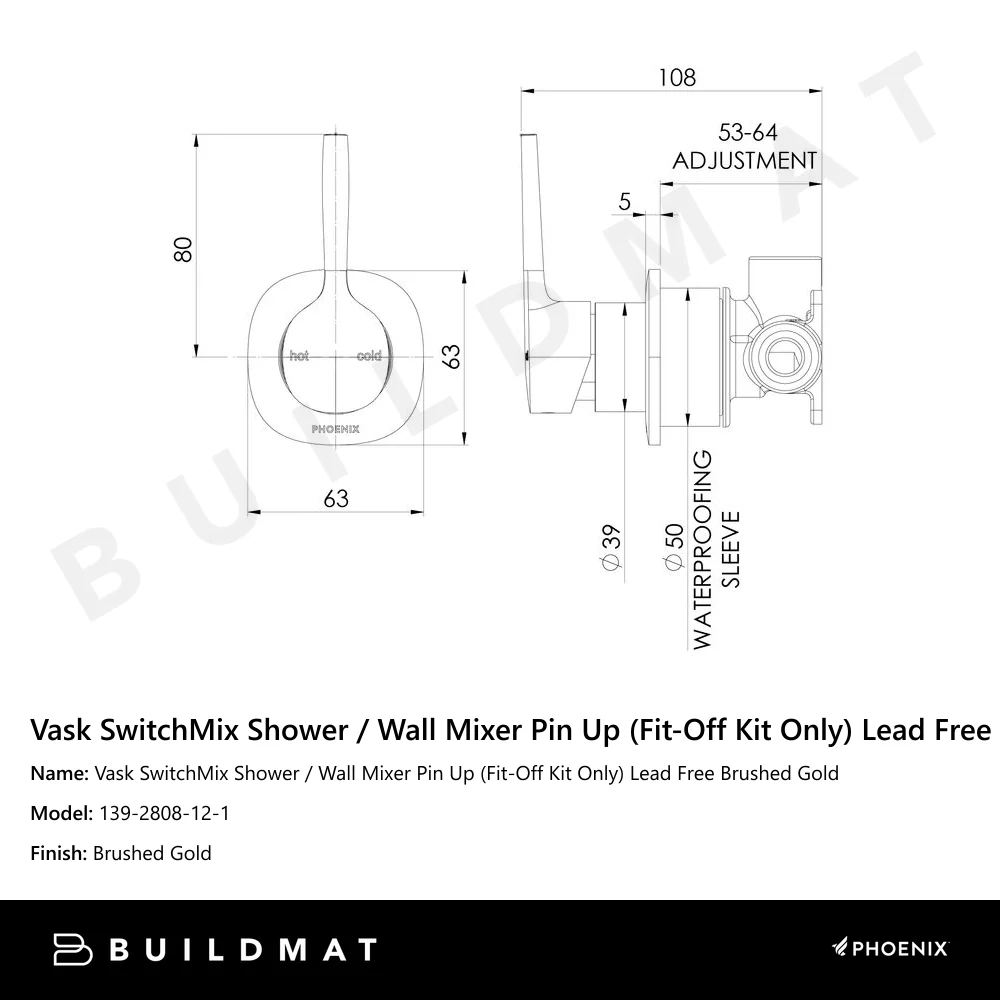 Phoenix Vask SwitchMix Shower/Wall Mixer Pin Up (Fit-Off Kit) Lead Free Brushed Gold - Image 5