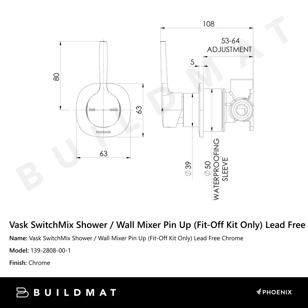 Phoenix Vask SwitchMix Shower/Wall Mixer Pin Up (Fit-Off Kit) Lead Free Chrome - Image 4
