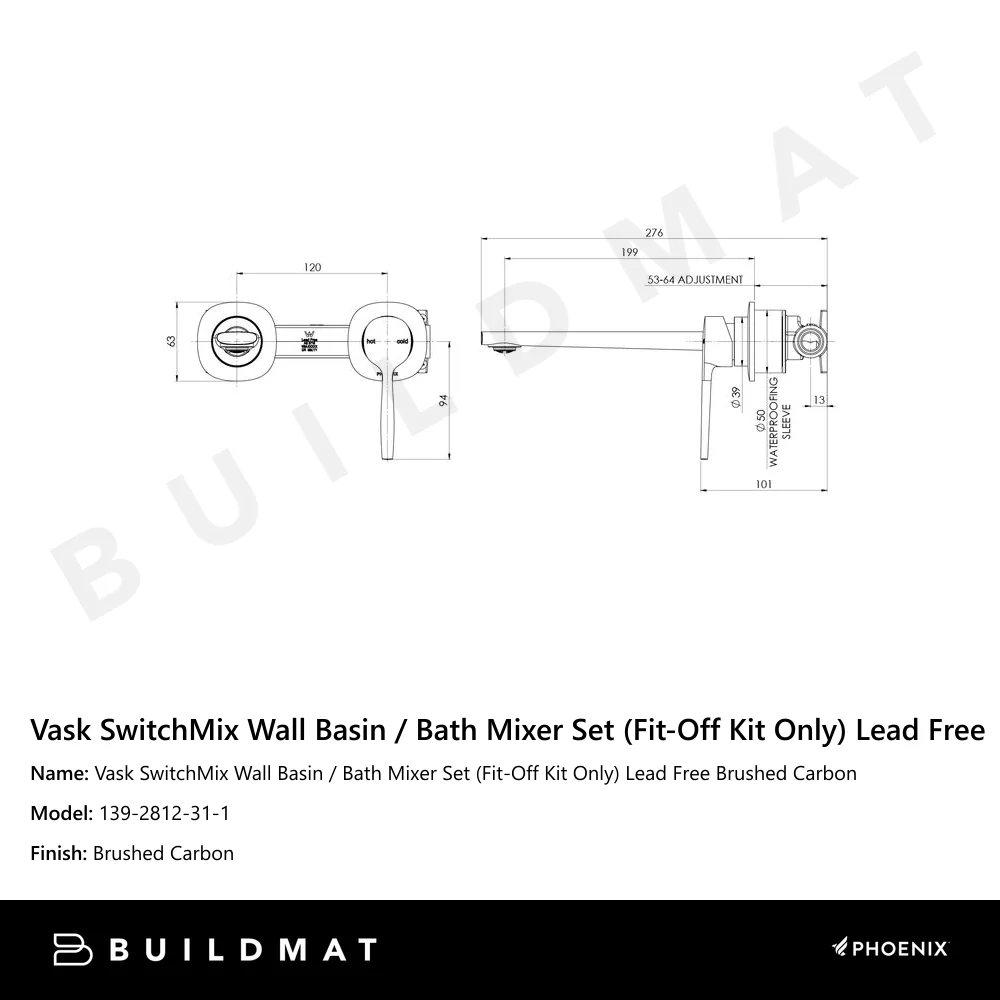 Phoenix Vask SwitchMix Wall Basin/Bath Mixer Set (Fit-Off Kit) Lead Free Brushed Carbon - Image 4