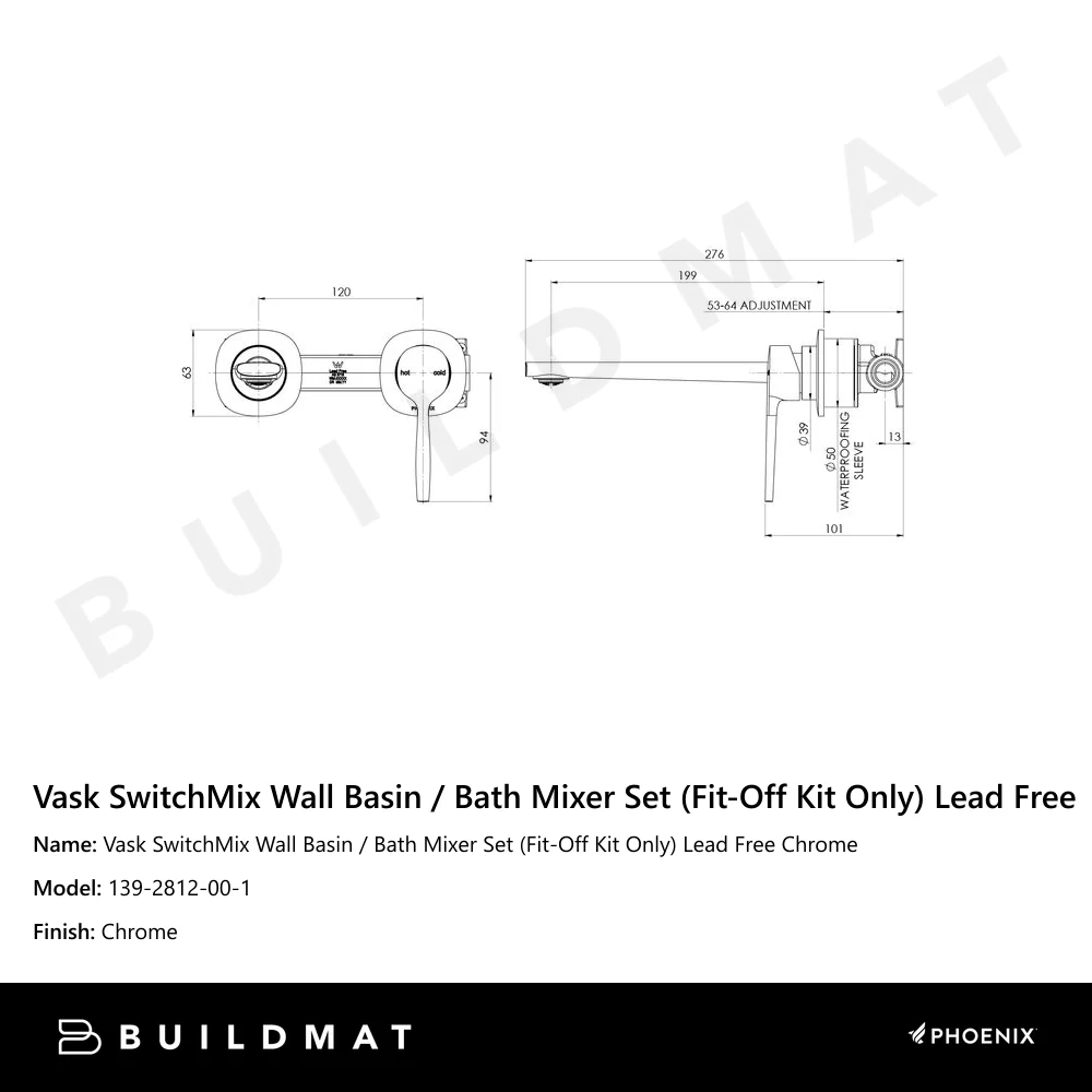 Phoenix Vask SwitchMix Wall Basin/Bath Mixer Set (Fit-Off Kit) Lead Free Chrome - Image 4