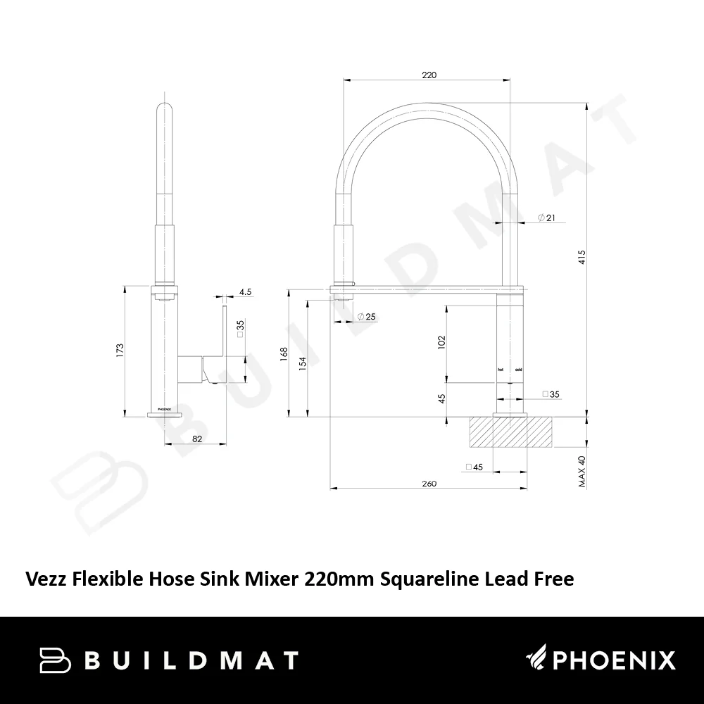 Phoenix Vezz Flexible Hose Sink Mixer 220mm Squareline Lead Free Matte Black - Image 4