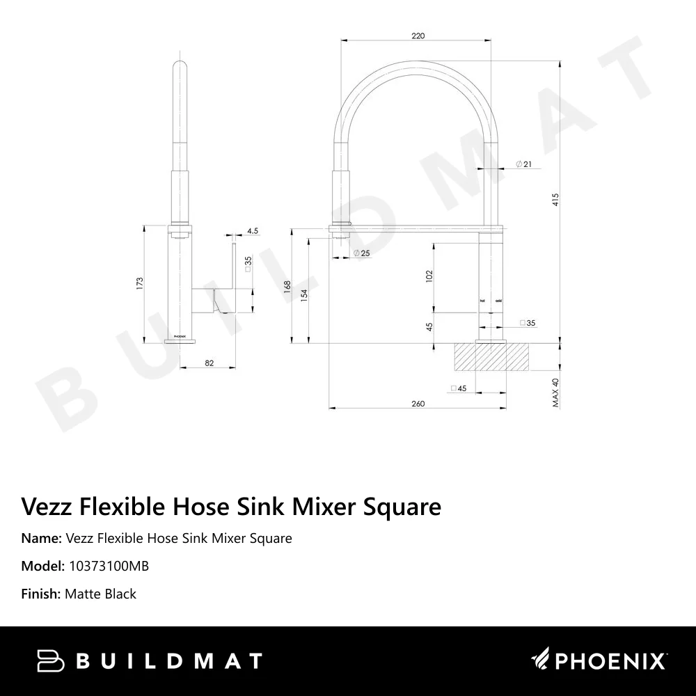 Phoenix Vezz Flexible Hose Sink Mixer Square 210mm Matte Black - Image 4
