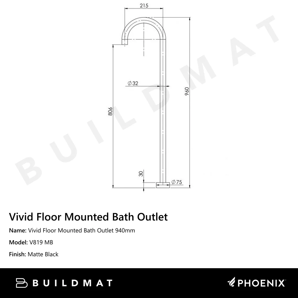 Phoenix Vivid Floor Mounted Bath Outlet 940mm Matte Black - Image 4