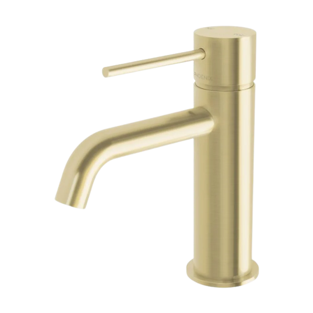 Phoenix Vivid Slimline Basin Mixer Curved Outlet Brushed Gold Lead Free