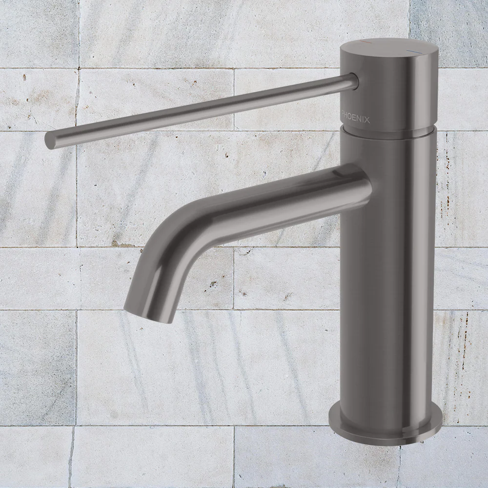 Phoenix Vivid Slimline Basin Mixer Curved Outlet with Extended Lever Brushed Carbon - Image 2