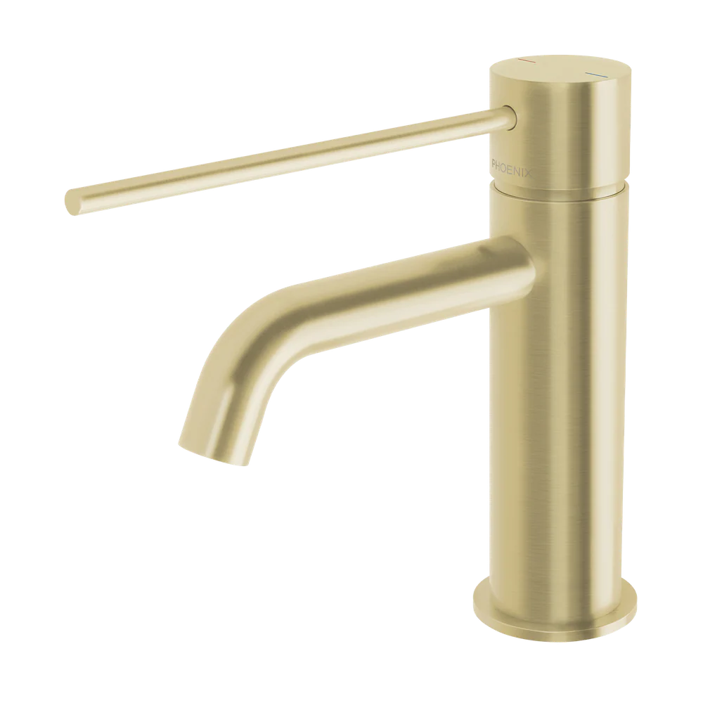 Phoenix Vivid Slimline Basin Mixer Curved Outlet with Extended Lever Brushed Gold - Image 3