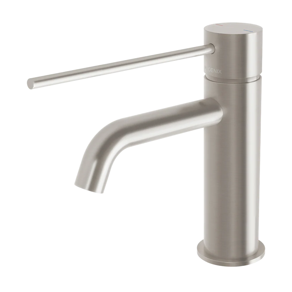 Phoenix Vivid Slimline Basin Mixer Curved Outlet with Extended Lever Brushed Nickel Lead Free - Image 3