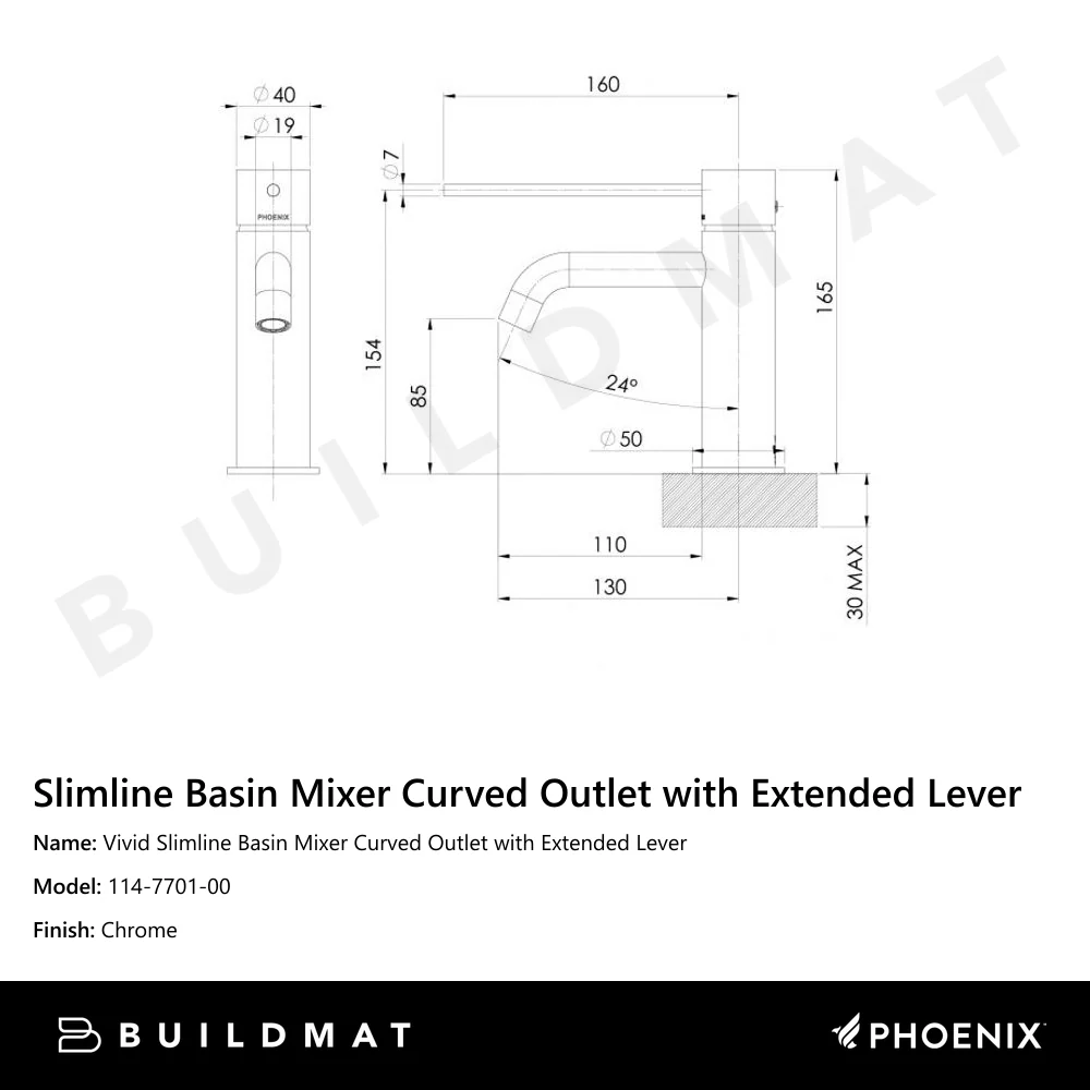 Phoenix Vivid Slimline Basin Mixer Curved Outlet with Extended Lever Chrome - Image 4
