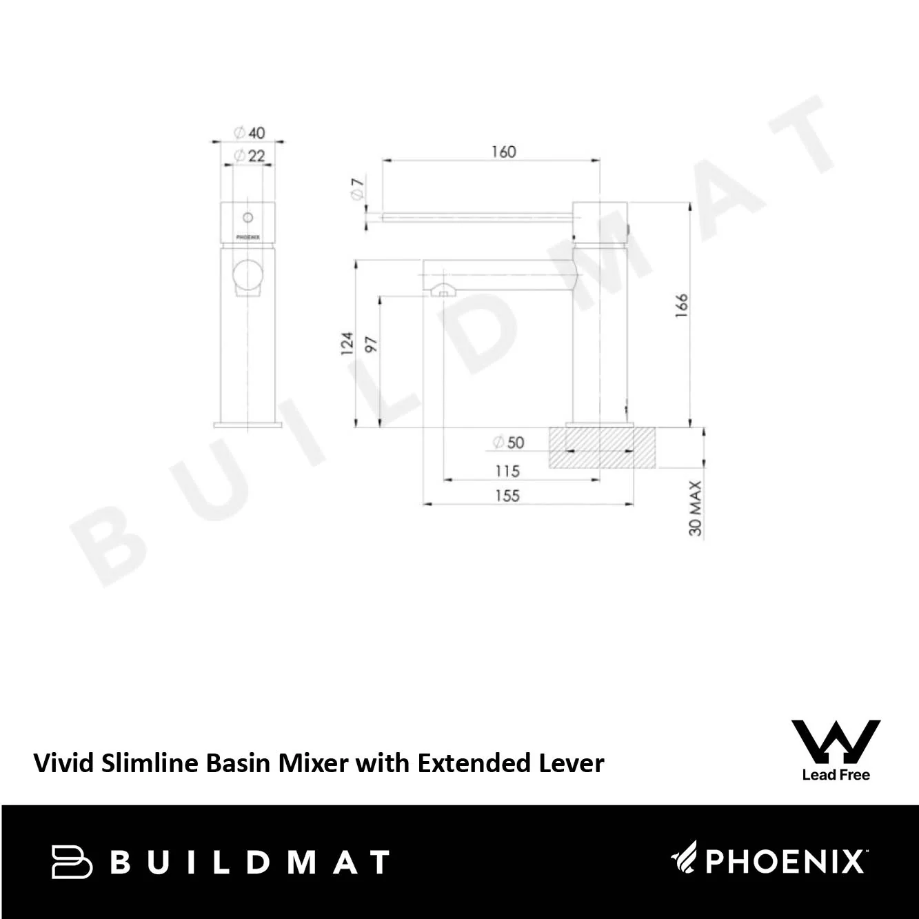 Phoenix Vivid Slimline Basin Mixer with Extended Lever Brushed Carbon Lead Free - Image 4