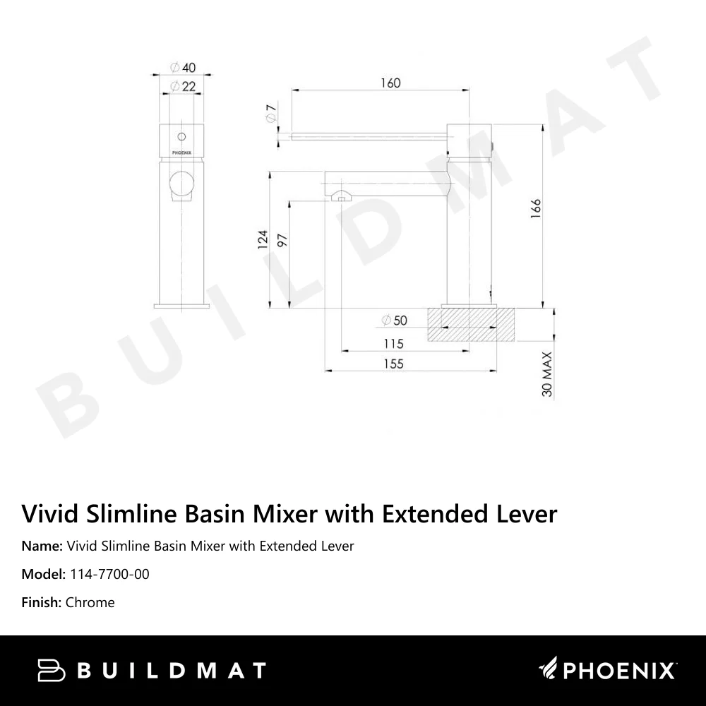 Phoenix Vivid Slimline Basin Mixer with Extended Lever Chrome - Image 4