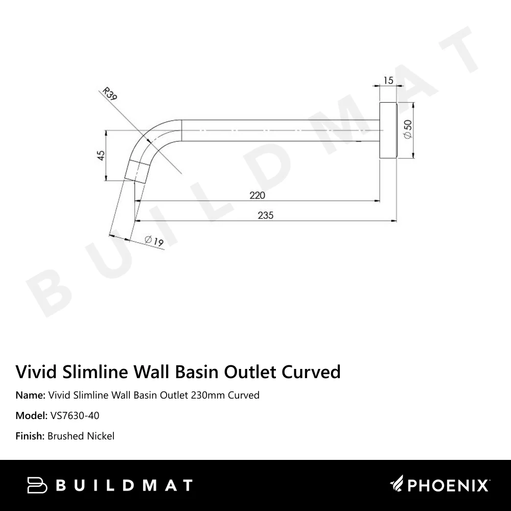 Phoenix Vivid Slimline Basin Outlet 230mm Curved Brushed Nickel - Image 4