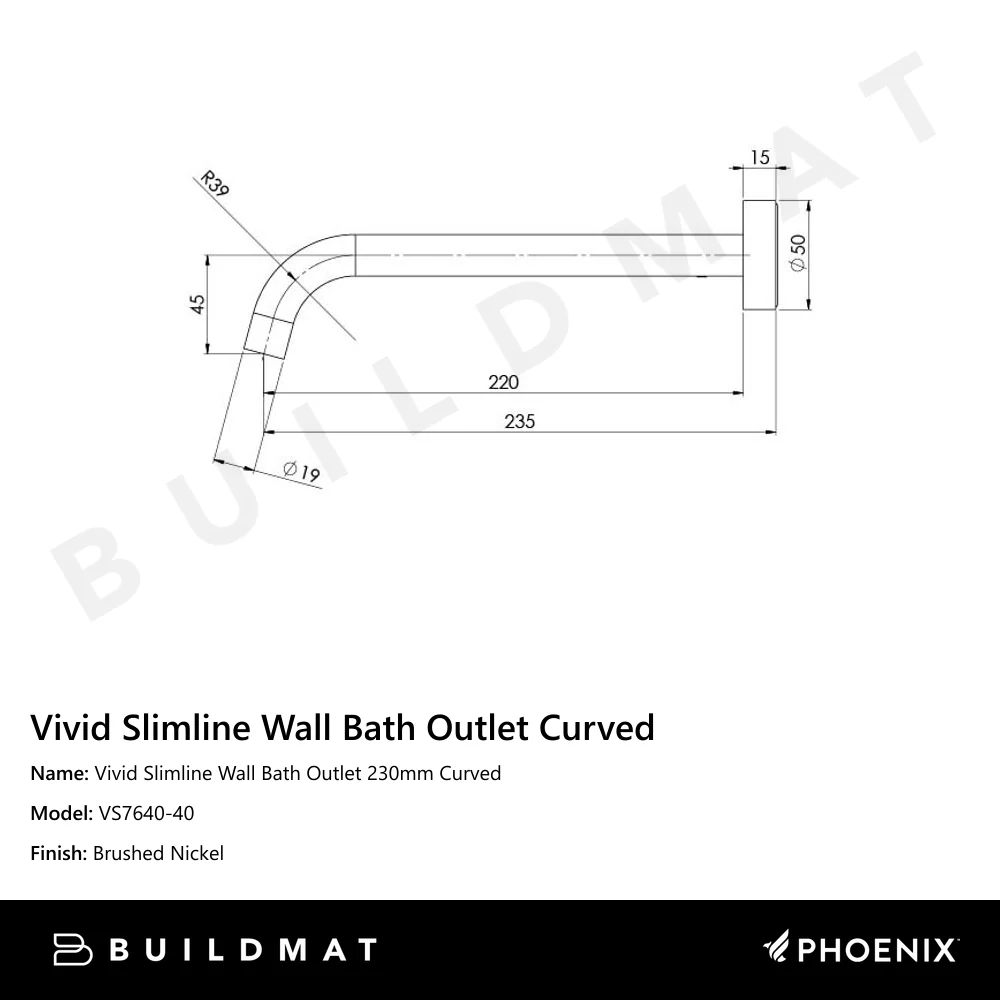 Phoenix Vivid Slimline Bath Outlet 230mm Curved Brushed Nickel - Image 4
