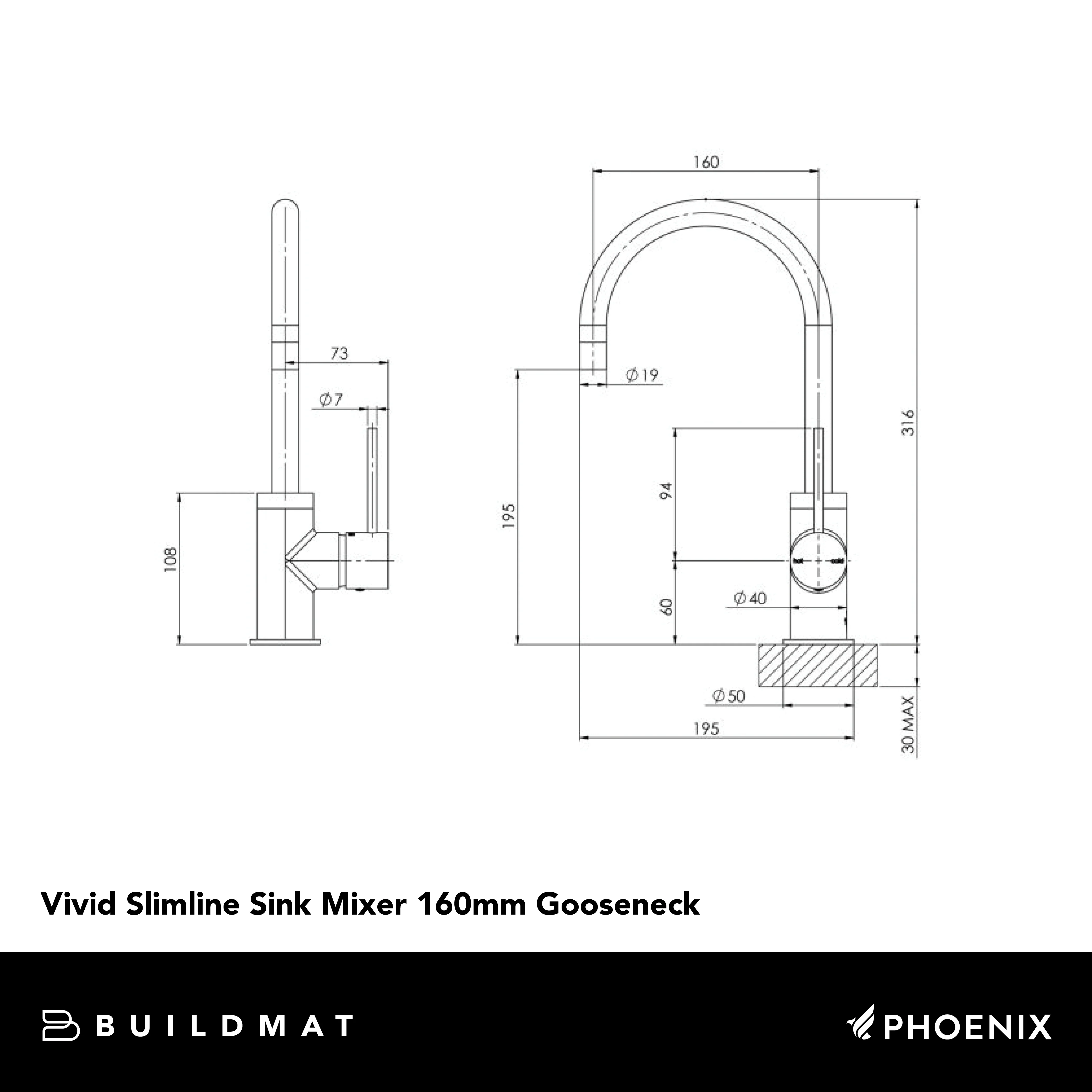 Phoenix Vivid Slimline Brushed Nickel Sink Mixer 160mm Gooseneck Lead Free - Image 4