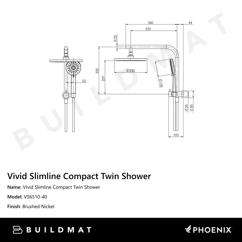 Phoenix Vivid Slimline Compact Twin Shower Brushed Nickel - Image 4