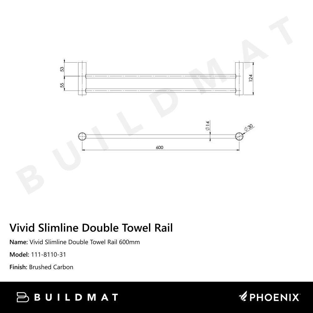 Phoenix Vivid Slimline Double Towel Rail 600mm Brushed Carbon - Image 4