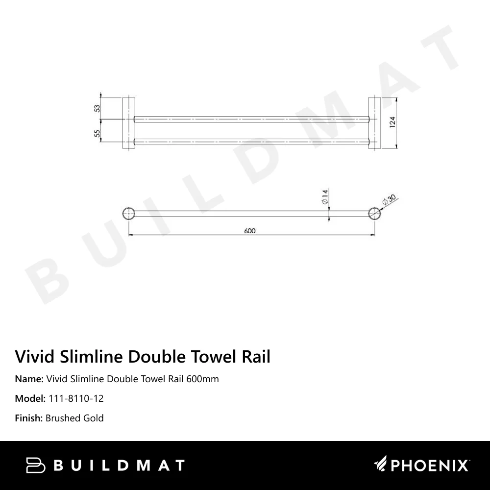 Phoenix Vivid Slimline Double Towel Rail 600mm Brushed Gold - Image 4