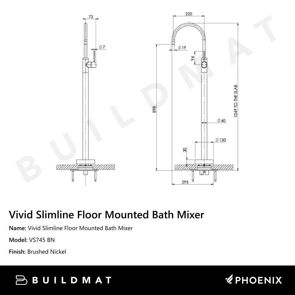 Phoenix Vivid Slimline Floor Mounted Bath Mixer Brushed Nickel - Image 4