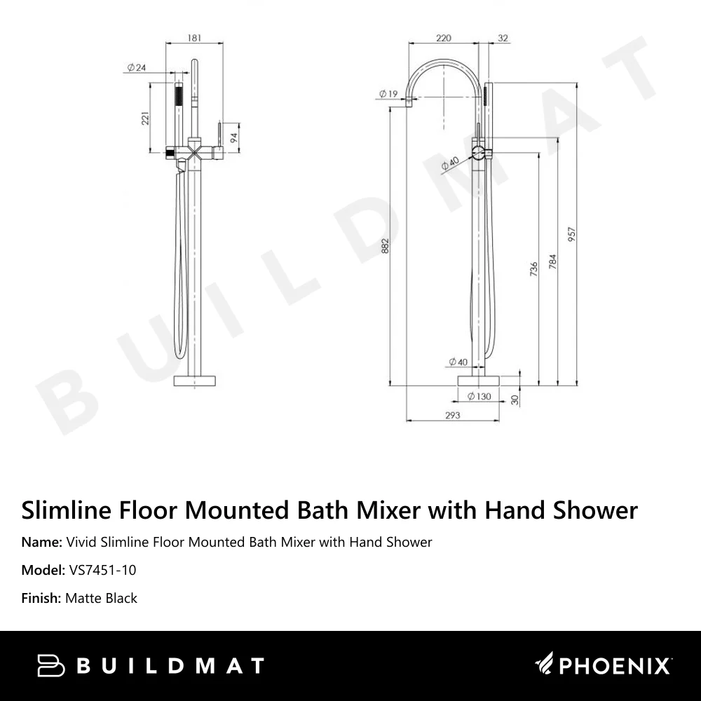 Phoenix Vivid Slimline Floor Mounted Bath Mixer with Hand Shower Matte Black - Image 4