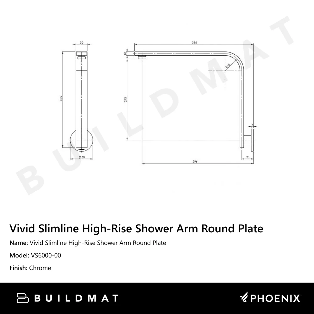 Phoenix Vivid Slimline High-Rise Shower Arm Round Plate Chrome - Image 4