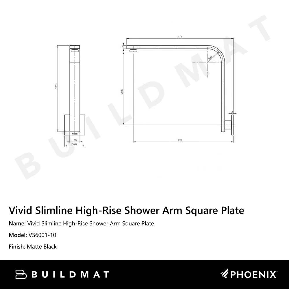 Phoenix Vivid Slimline High-Rise Shower Arm Square Plate Matte Black - Image 4