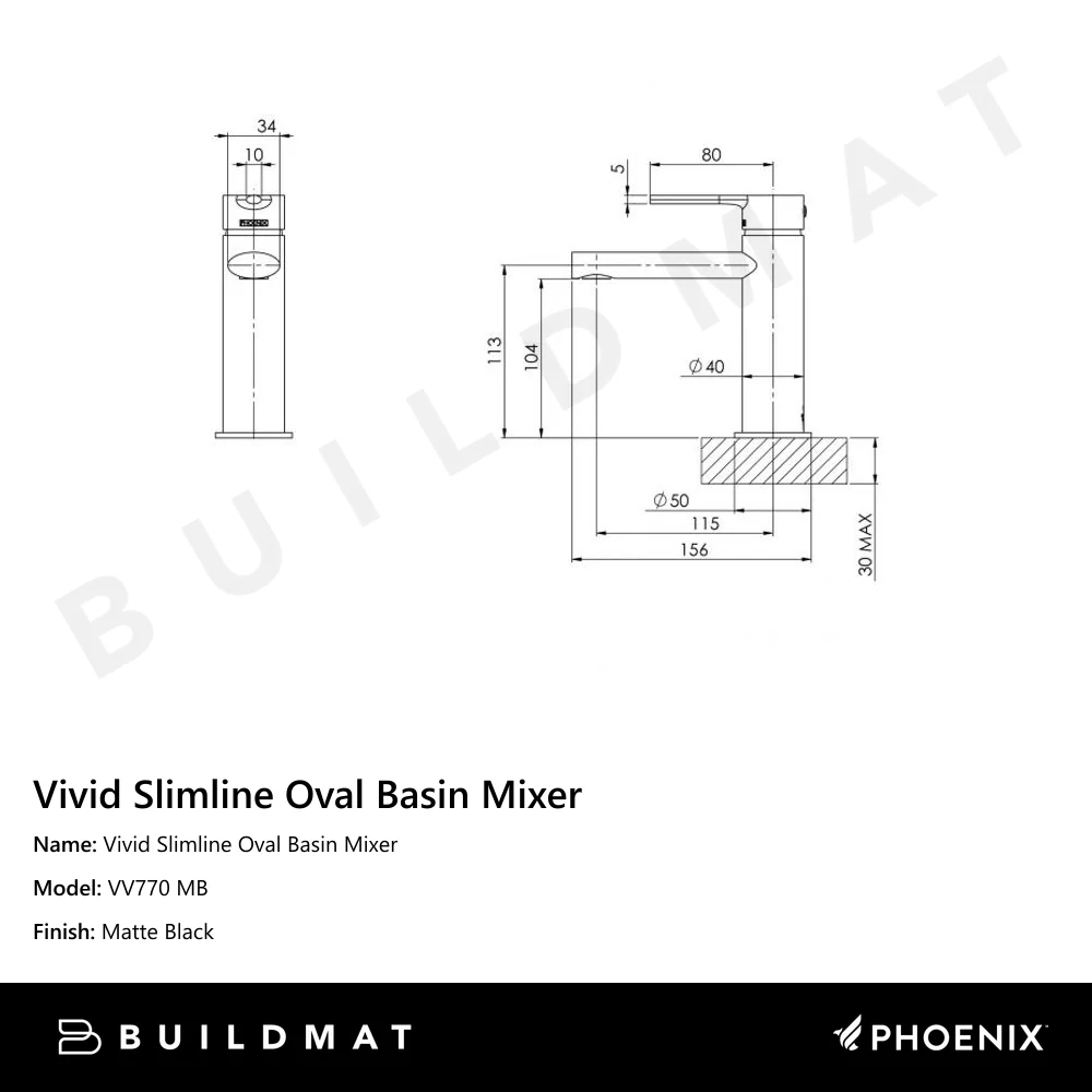 Phoenix Vivid Slimline Oval Basin Mixer Matte Black - Image 4