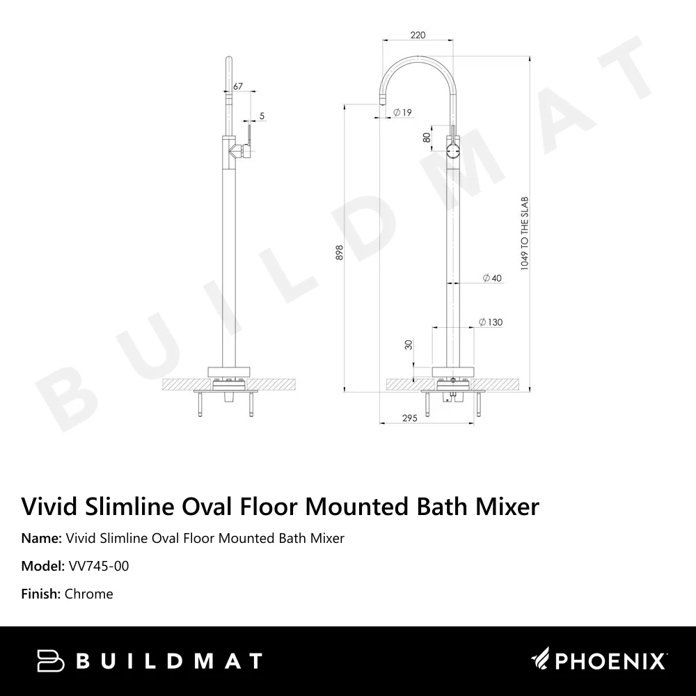 Phoenix Vivid Slimline Oval Floor Mounted Bath Mixer Chrome - Image 4