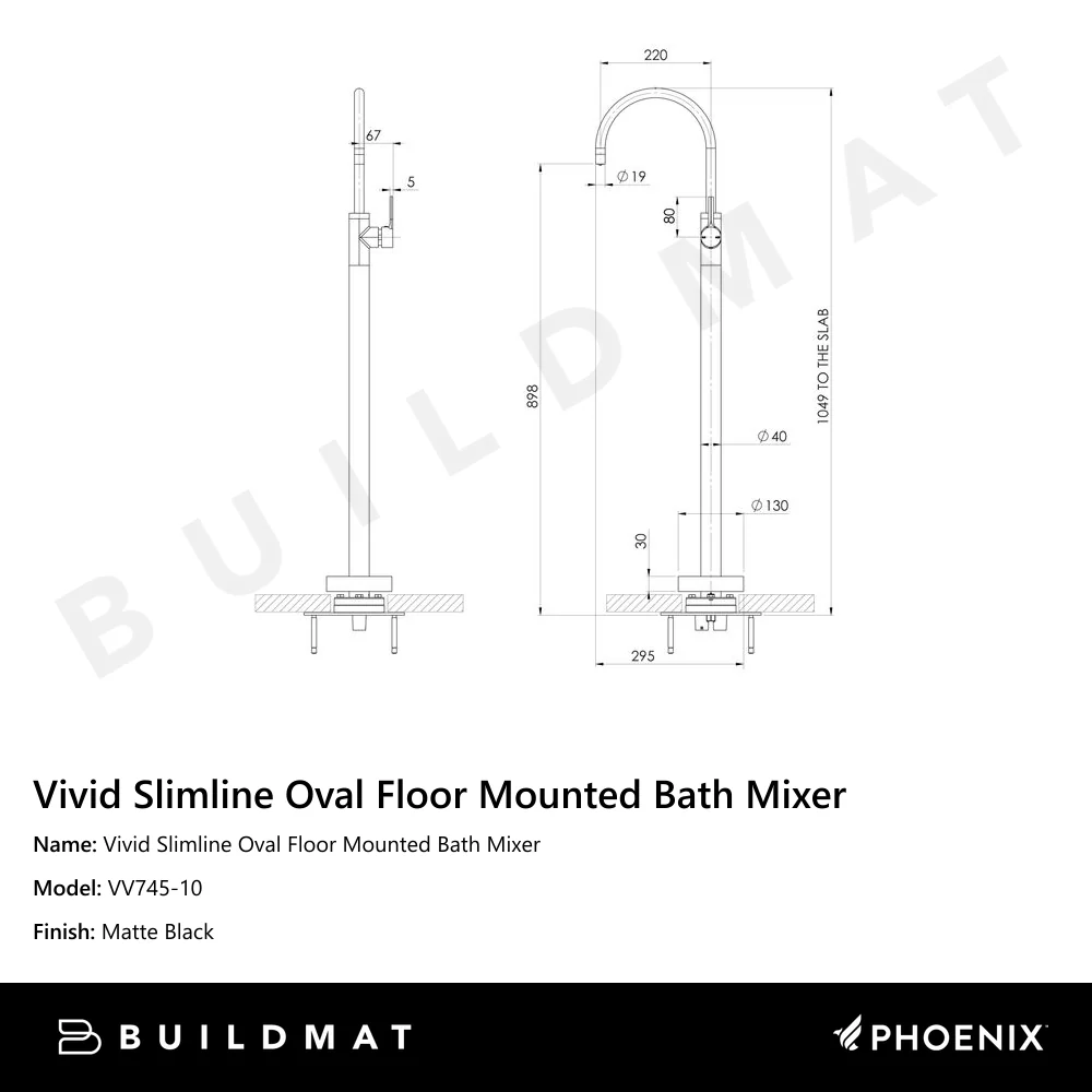 Phoenix Vivid Slimline Oval Floor Mounted Bath Mixer Matte Black - Image 4