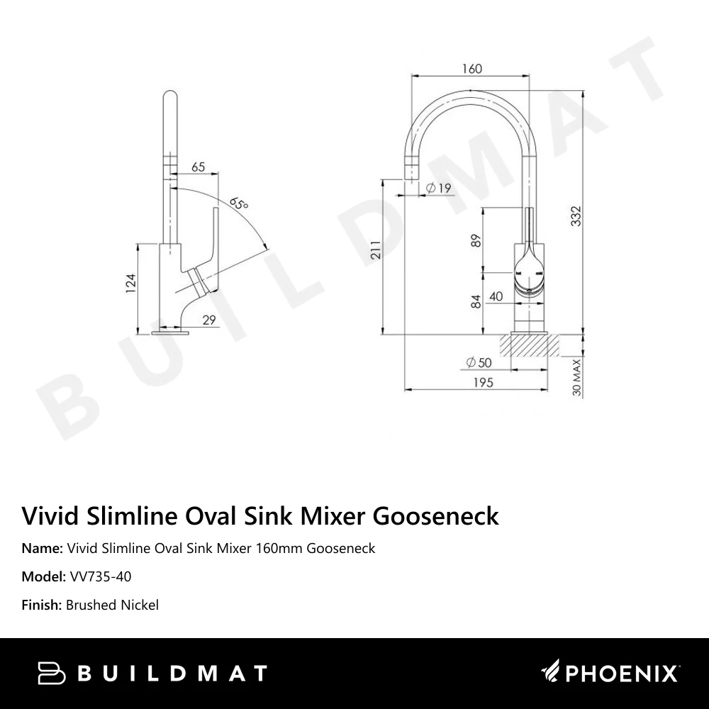 Phoenix Vivid Slimline Oval Sink Mixer 160mm Gooseneck Brushed Nickel - Image 4