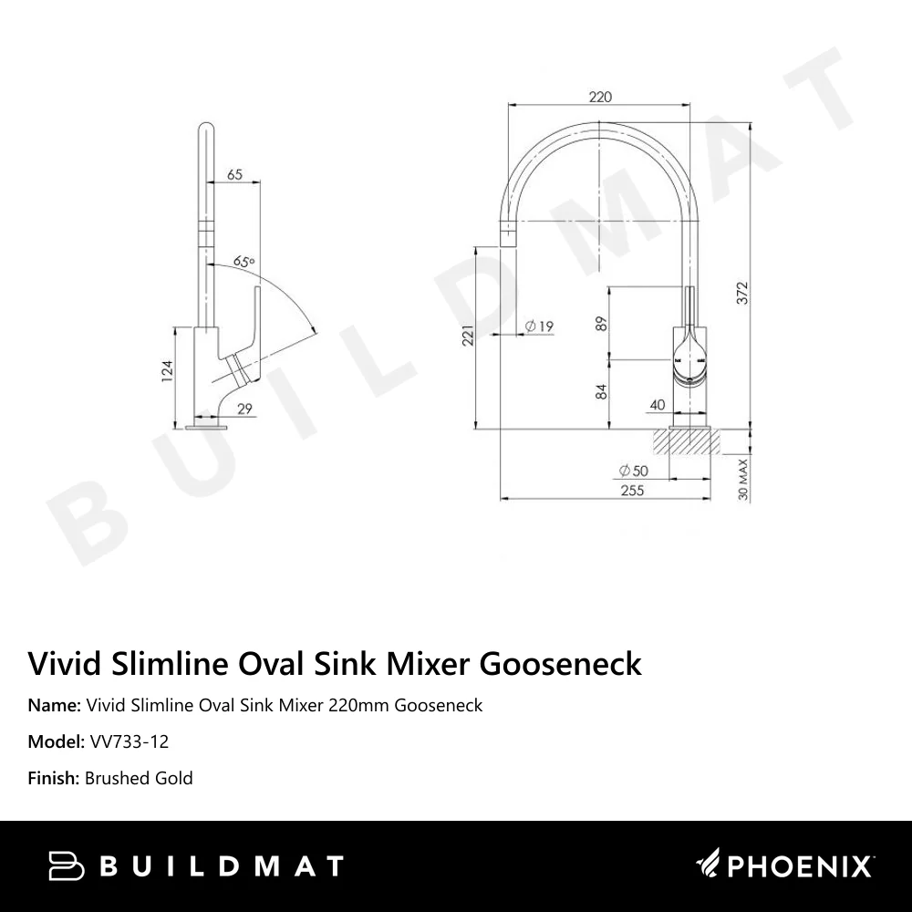 Phoenix Vivid Slimline Oval Sink Mixer 220mm Gooseneck Brushed Gold - Image 4