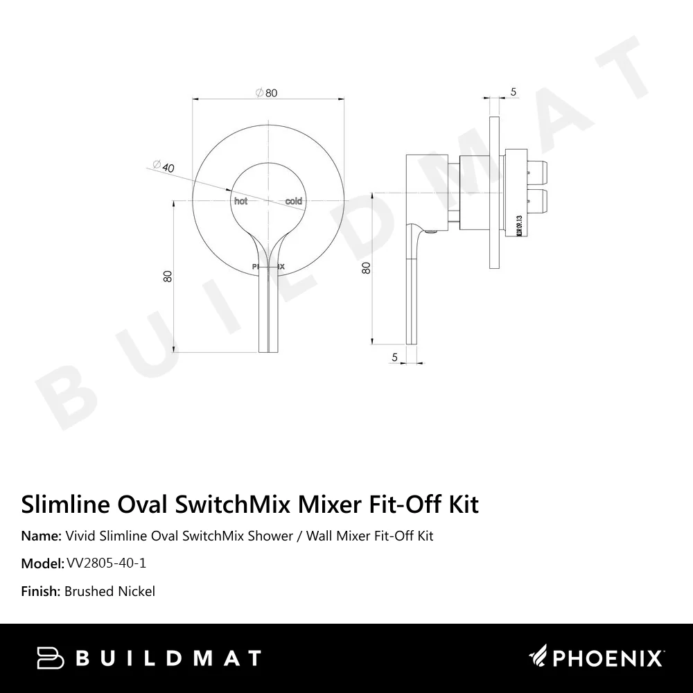 Phoenix Vivid Slimline Oval SwitchMix Shower/Wall Mixer (Fit-Off Kit) Lead Free Brushed Nickel - Image 7