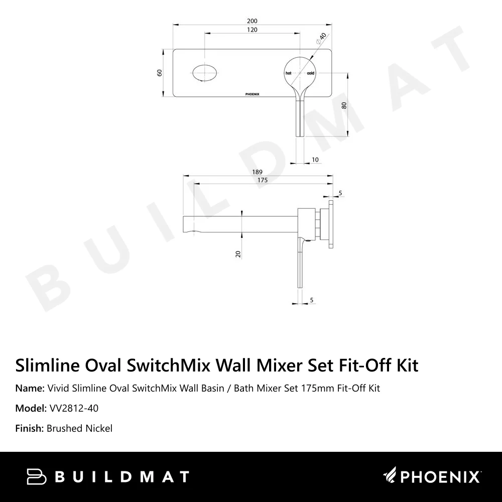Phoenix Vivid Slimline Oval SwitchMix Wall Basin / Bath Mixer Set 175mm Fit-Off Kit Brushed Nickel - Image 4