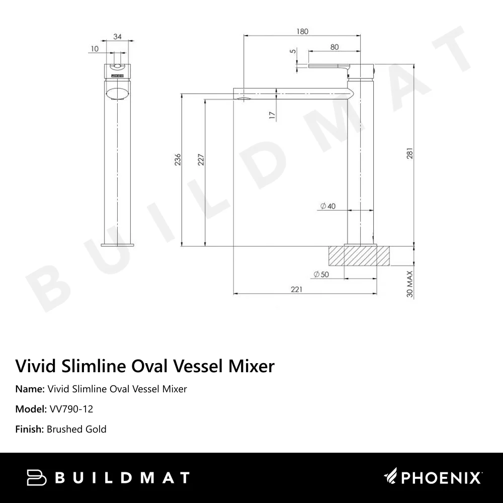 Phoenix Vivid Slimline Oval Vessel Mixer Brushed Gold - Image 4