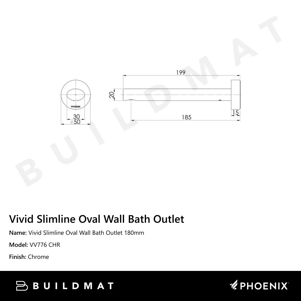 Phoenix Vivid Slimline Oval Wall Bath Outlet 180mm Chrome - Image 4