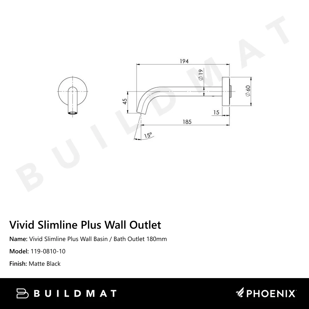 Phoenix Vivid Slimline Plus Wall Basin / Bath Outlet 180mm Matte Black - Image 3