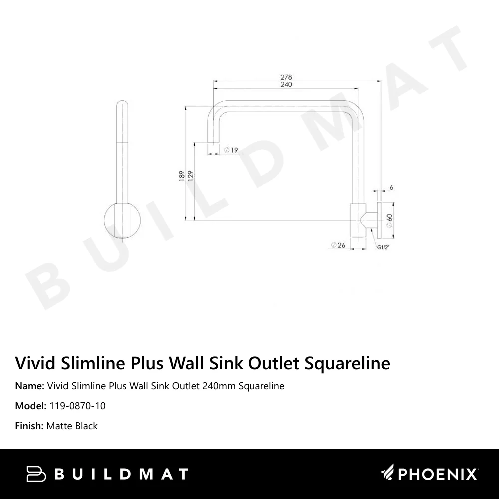 Phoenix Vivid Slimline Plus Wall Sink Outlet 240mm Squareline Matte Black - Image 4
