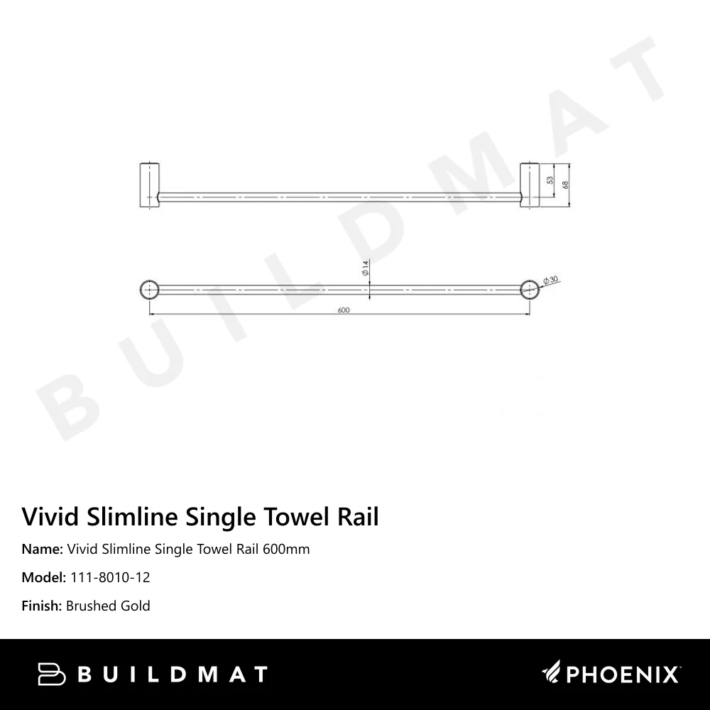 Phoenix Vivid Slimline Single Towel Rail 600mm Brushed Gold - Image 4