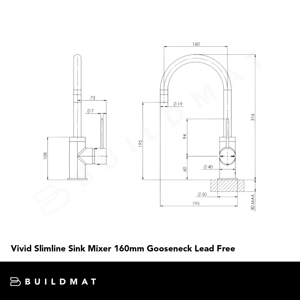 Phoenix Vivid Slimline Sink Mixer 160mm Gooseneck Lead Free Matte Black - Image 5
