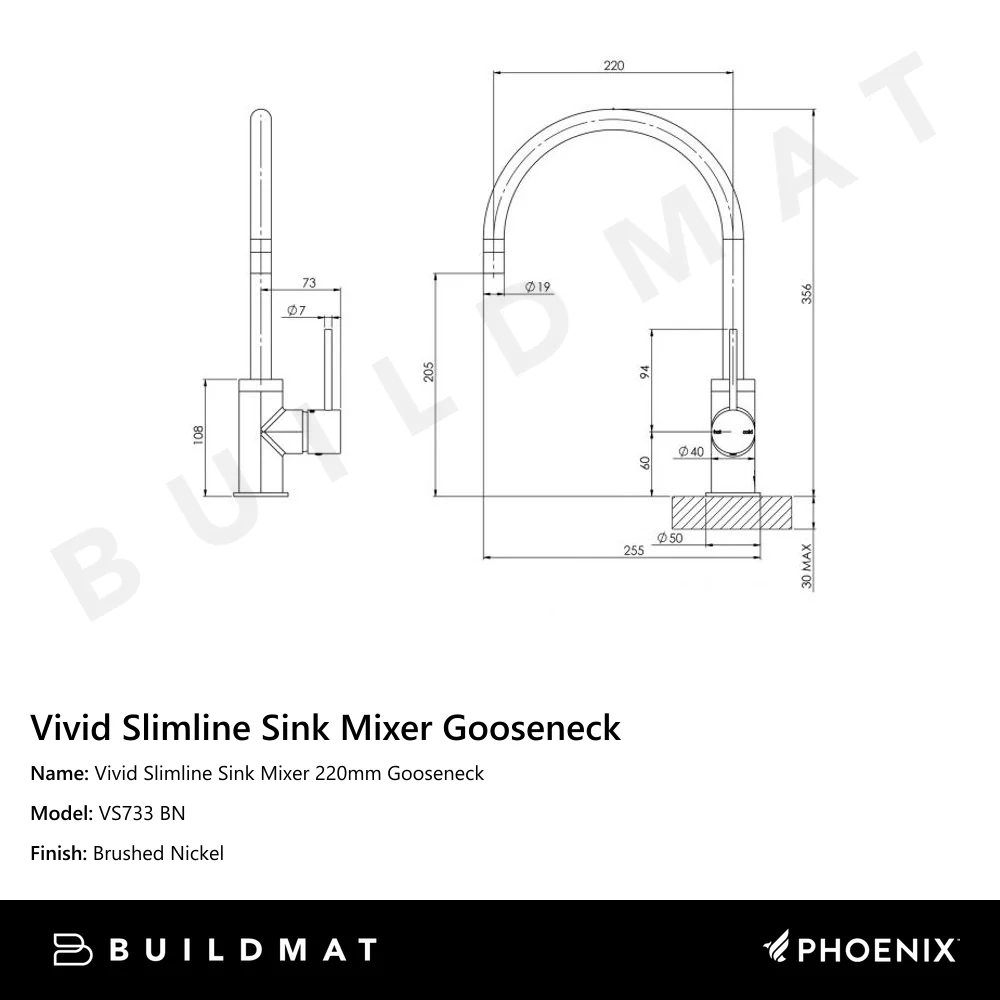 Phoenix Vivid Slimline Sink Mixer 220mm Gooseneck Brushed Nickel - Image 4