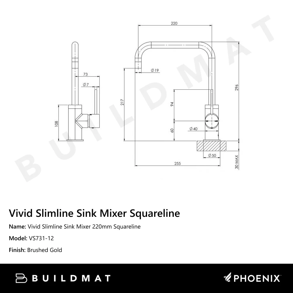 Phoenix Vivid Slimline Sink Mixer 220mm Squareline Brushed Gold - Image 4